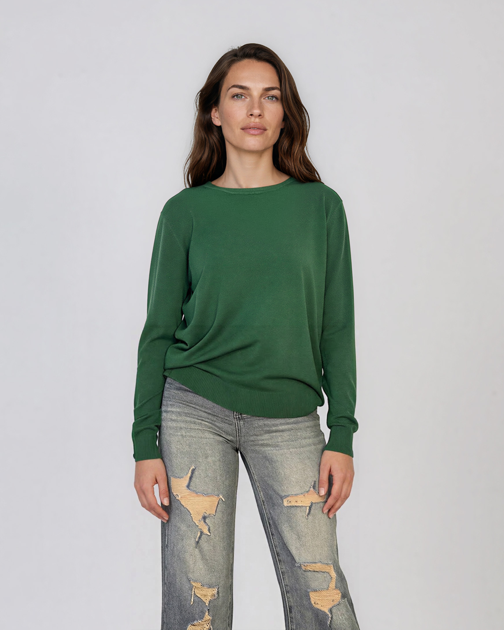 Pulover lejer din tricot cu lână şi caşmir verde LR357