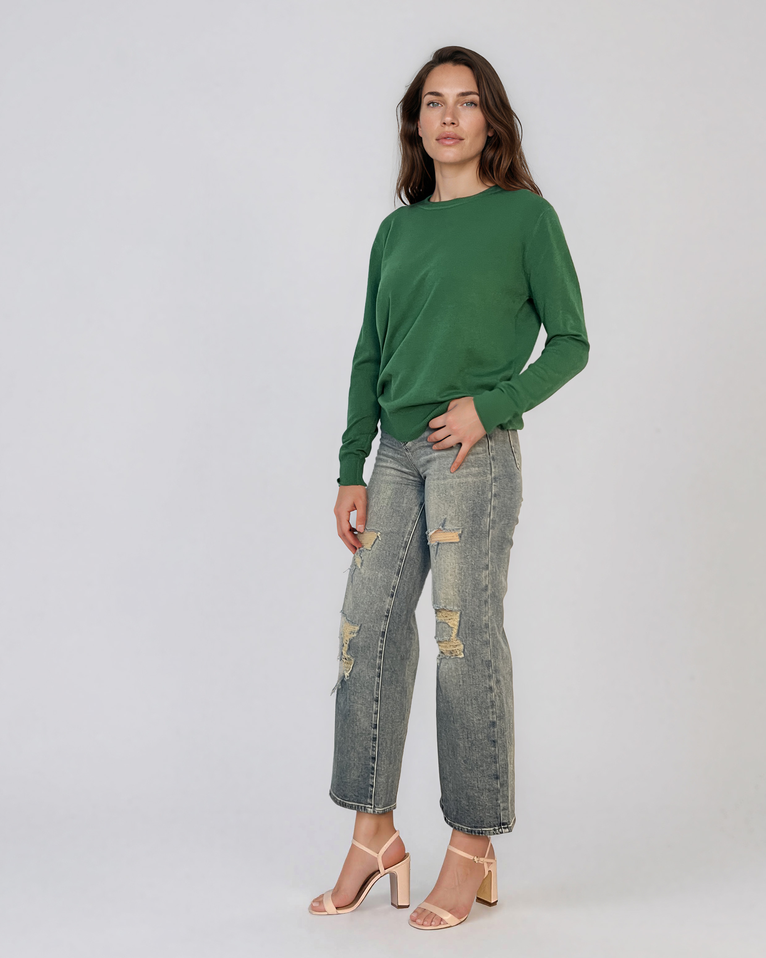 Pulover lejer din tricot cu lână şi caşmir verde LR357