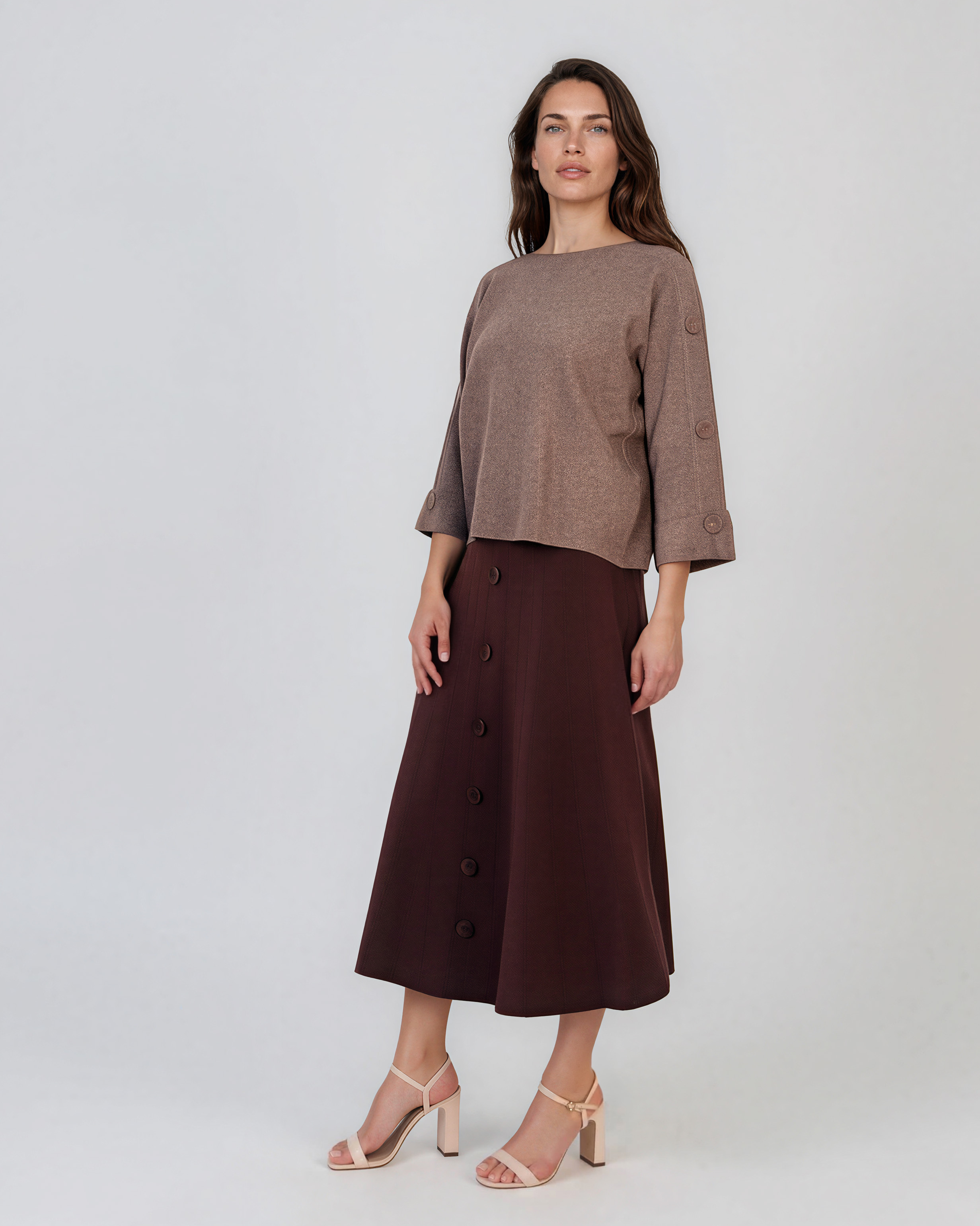 Pulover lejer din tricot cu nasturi pe mâneci beige DY736