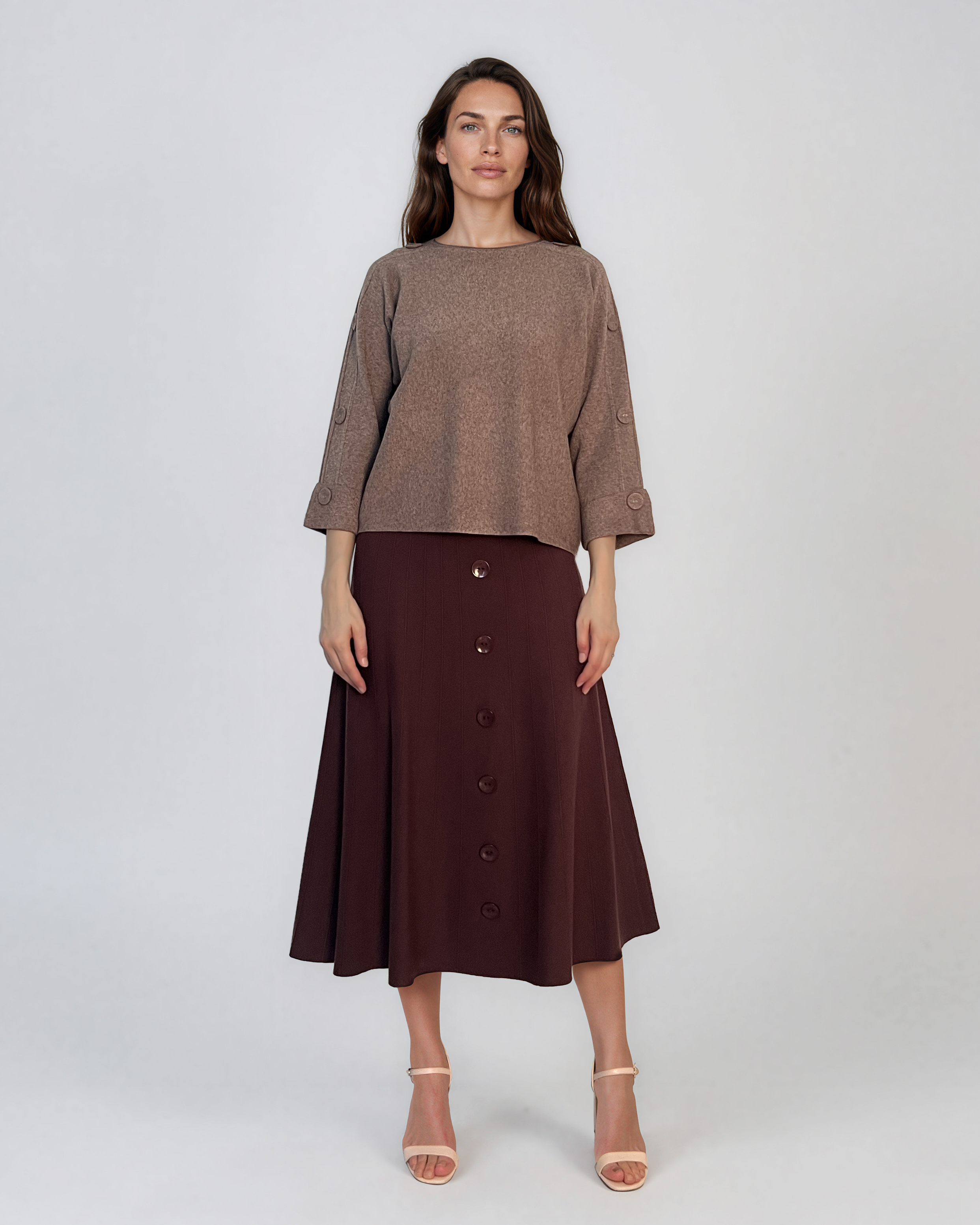 Pulover lejer din tricot cu nasturi pe mâneci beige DY736