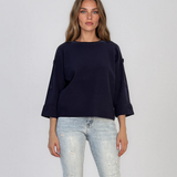 Pulover lejer din tricot cu nasturi pe mâneci bleumarin DY736