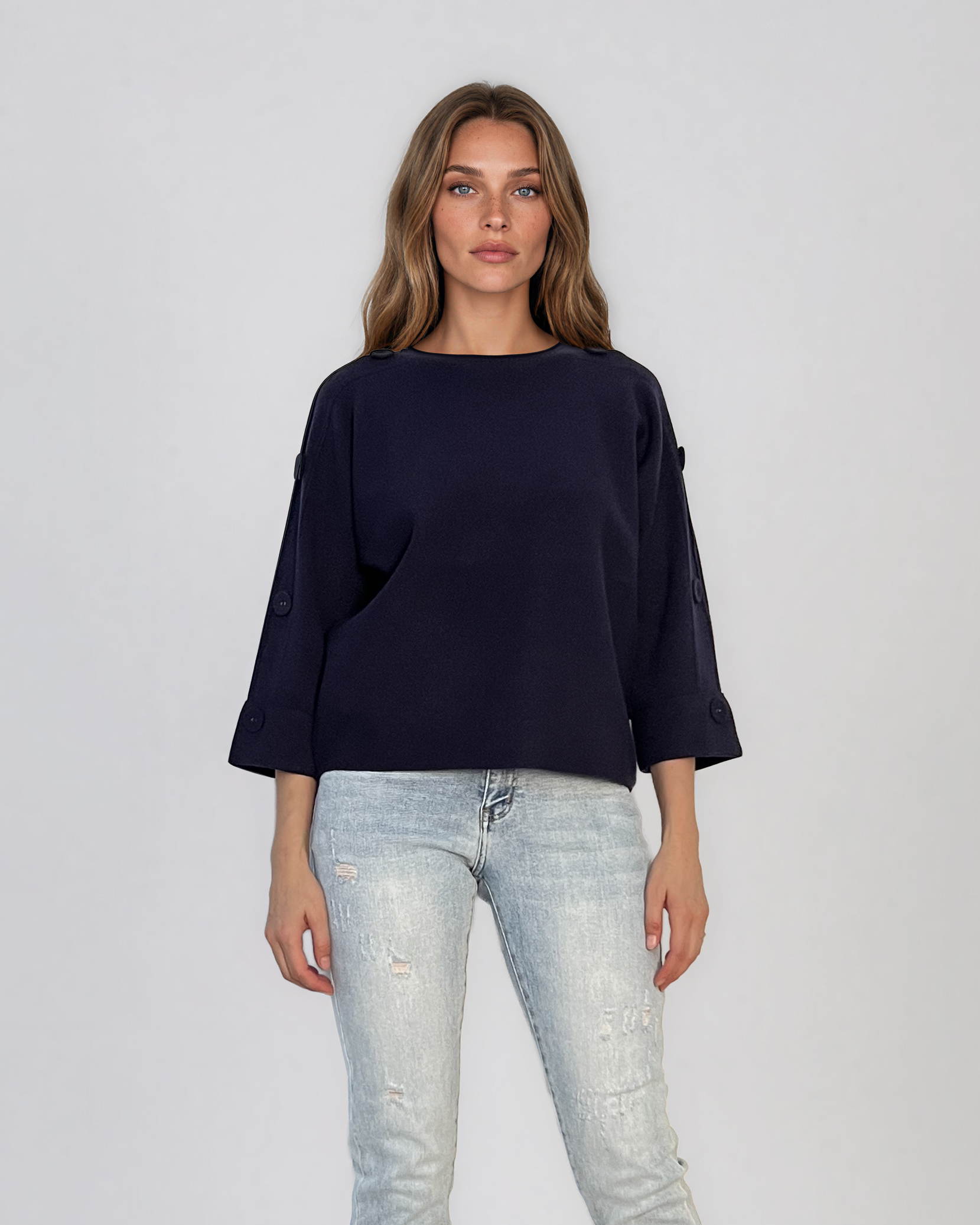 Pulover lejer din tricot cu nasturi pe mâneci bleumarin DY736