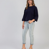 Pulover lejer din tricot cu nasturi pe mâneci bleumarin DY736