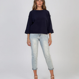 Pulover lejer din tricot cu nasturi pe mâneci bleumarin DY736