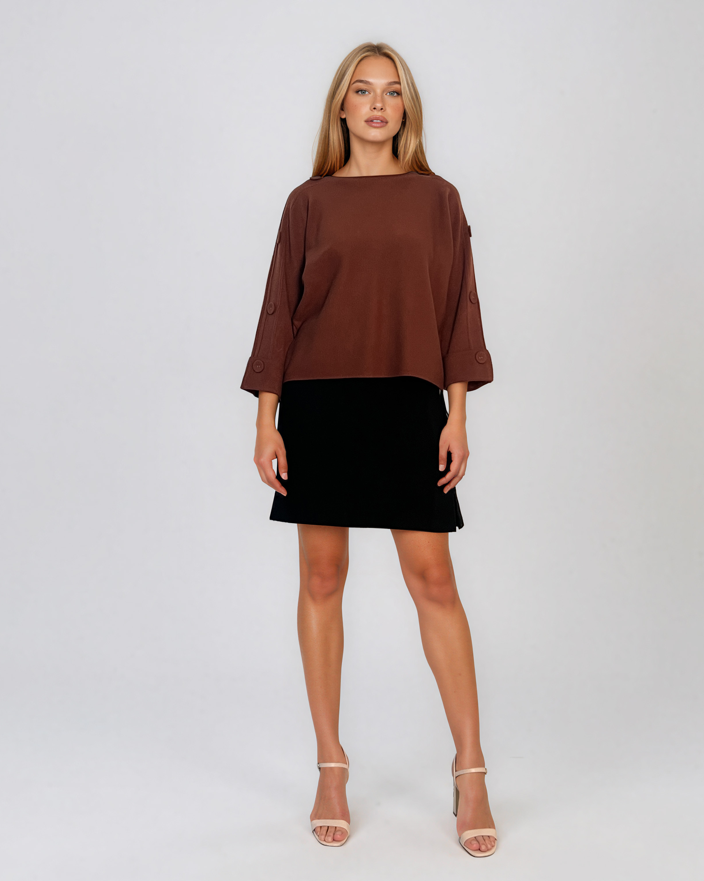 Pulover lejer din tricot cu nasturi pe mâneci cărămiziu DY736