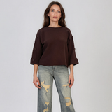 Pulover lejer din tricot cu nasturi pe mâneci maro DY736