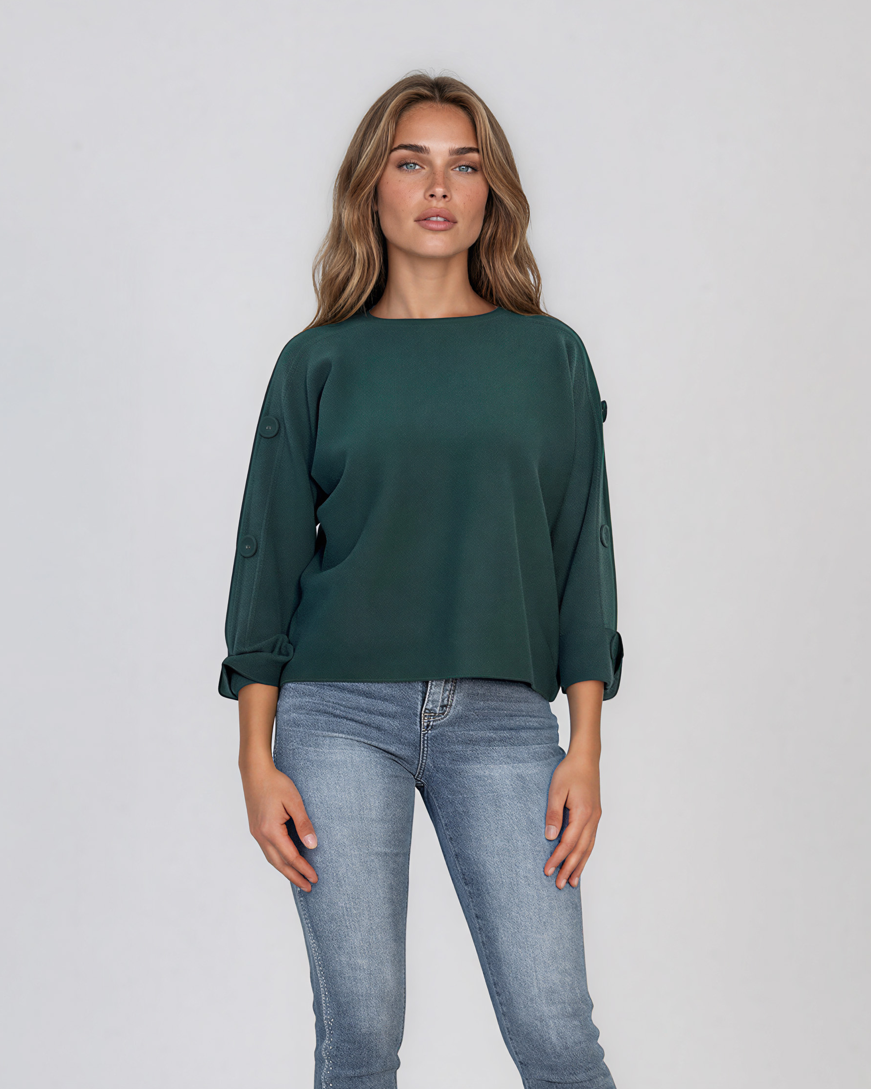 Pulover lejer din tricot cu nasturi pe mâneci verde DY736