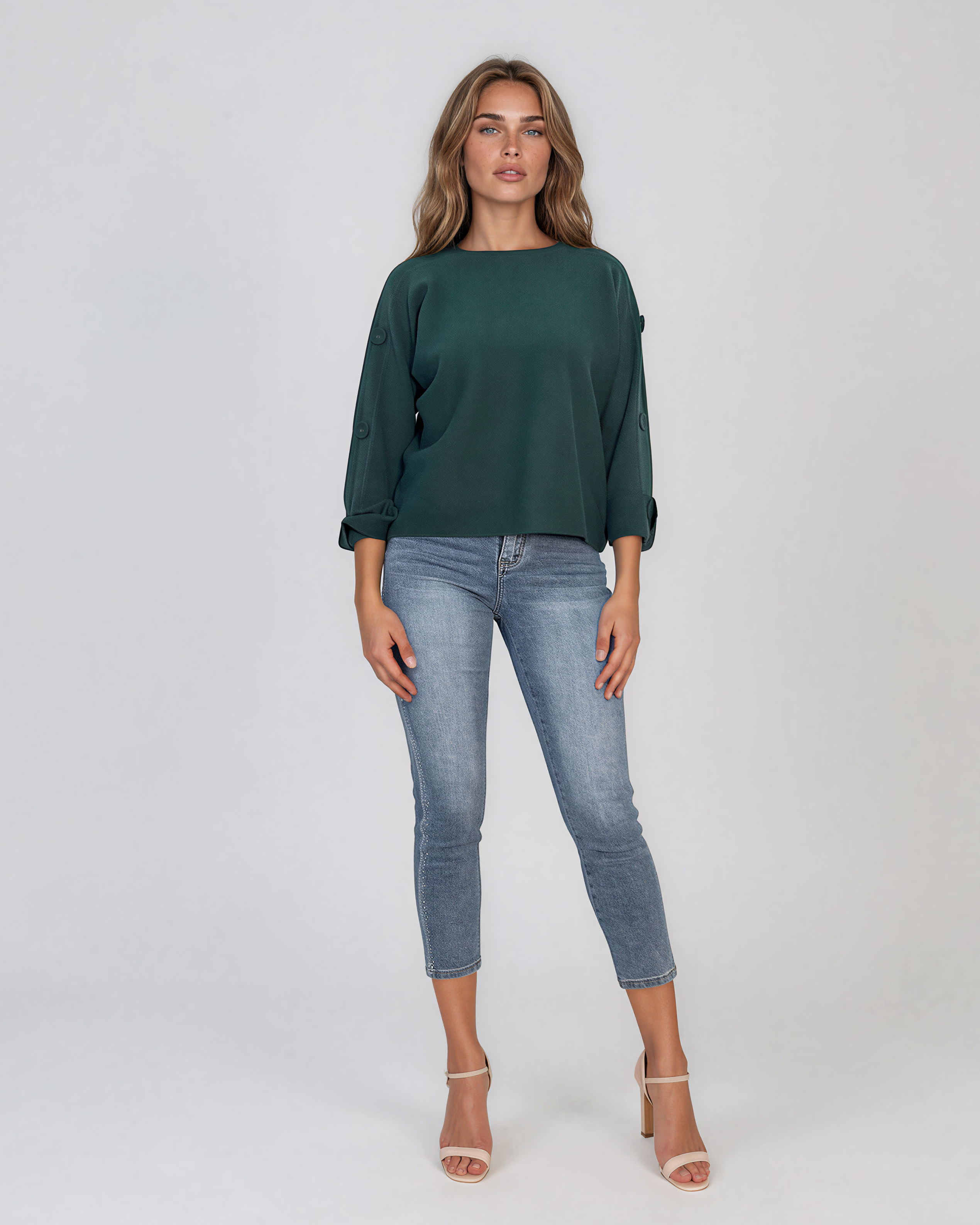 Pulover lejer din tricot cu nasturi pe mâneci verde DY736
