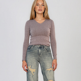Pulover mulat cu decolteu în V din lână şi caşmir grej LR361