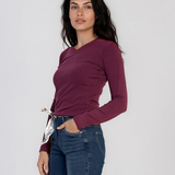 Pulover mulat cu decolteu în V din lână şi caşmir mov prună LR361
