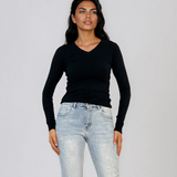 Pulover mulat cu decolteu în V din lână şi caşmir negru LR361