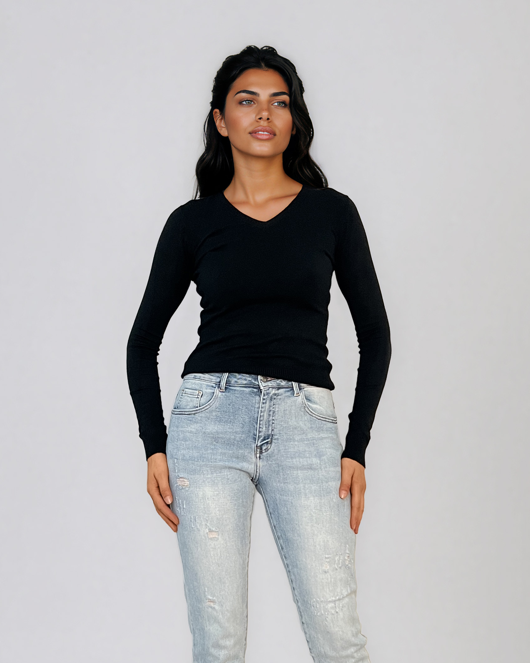 Pulover mulat cu decolteu în V din lână şi caşmir negru LR361