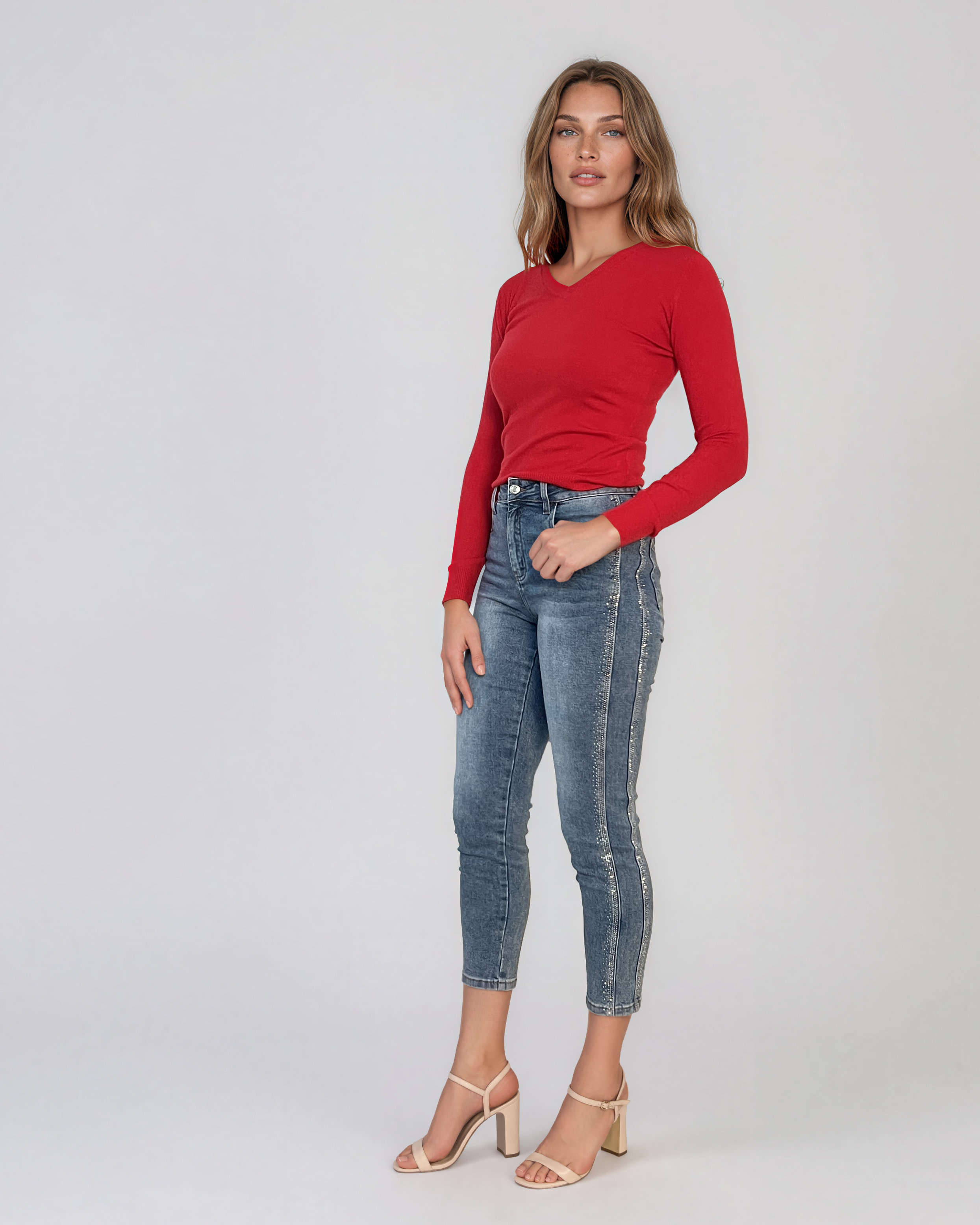 Pulover mulat cu decolteu în V din lână şi caşmir roşu LR361