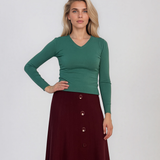 Pulover mulat cu decolteu în V din lână şi caşmir verde LR361