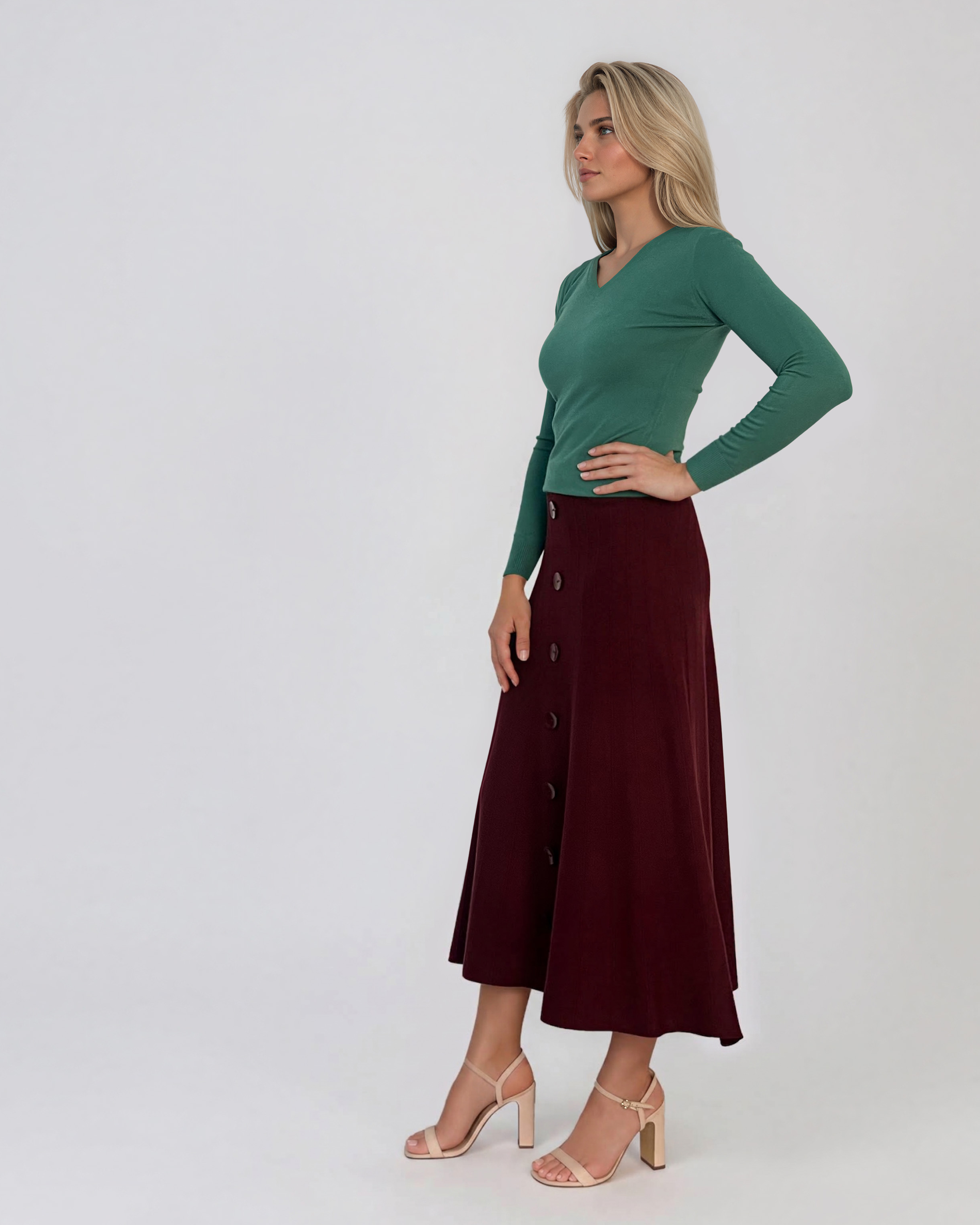 Pulover mulat cu decolteu în V din lână şi caşmir verde LR361