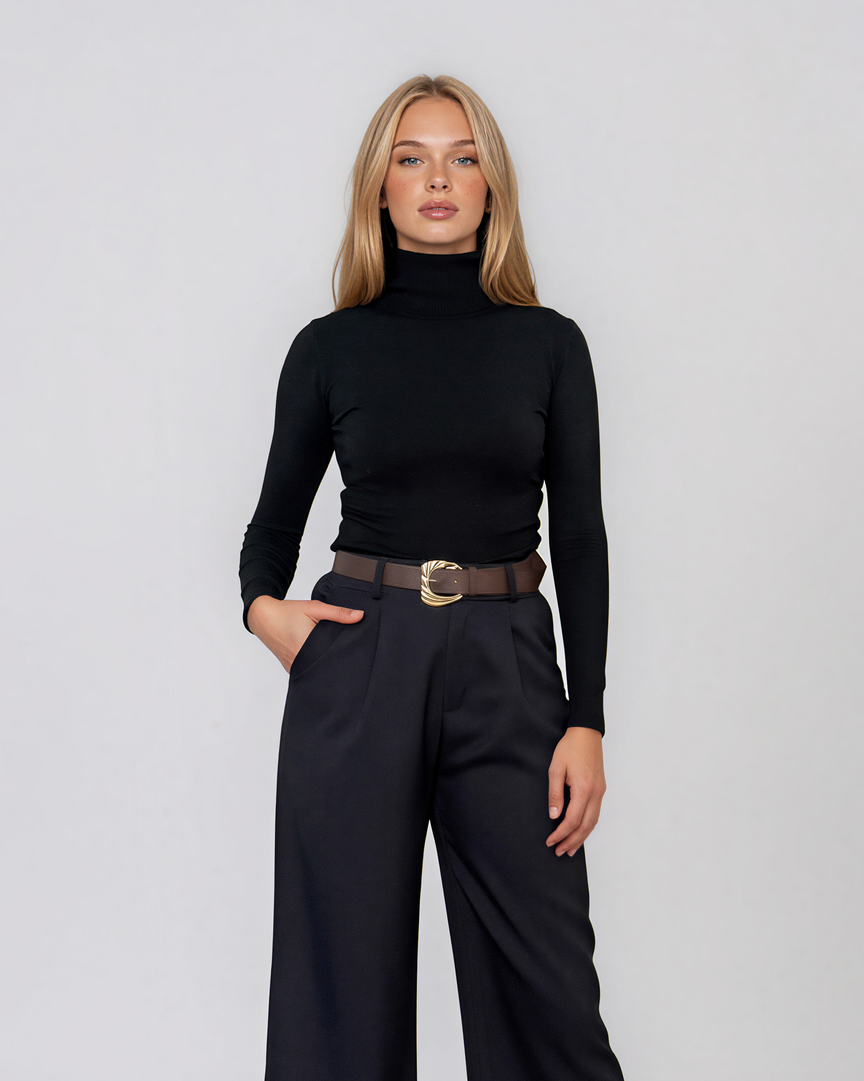 Pulover mulat cu guler înalt din lână şi caşmir negru LR363