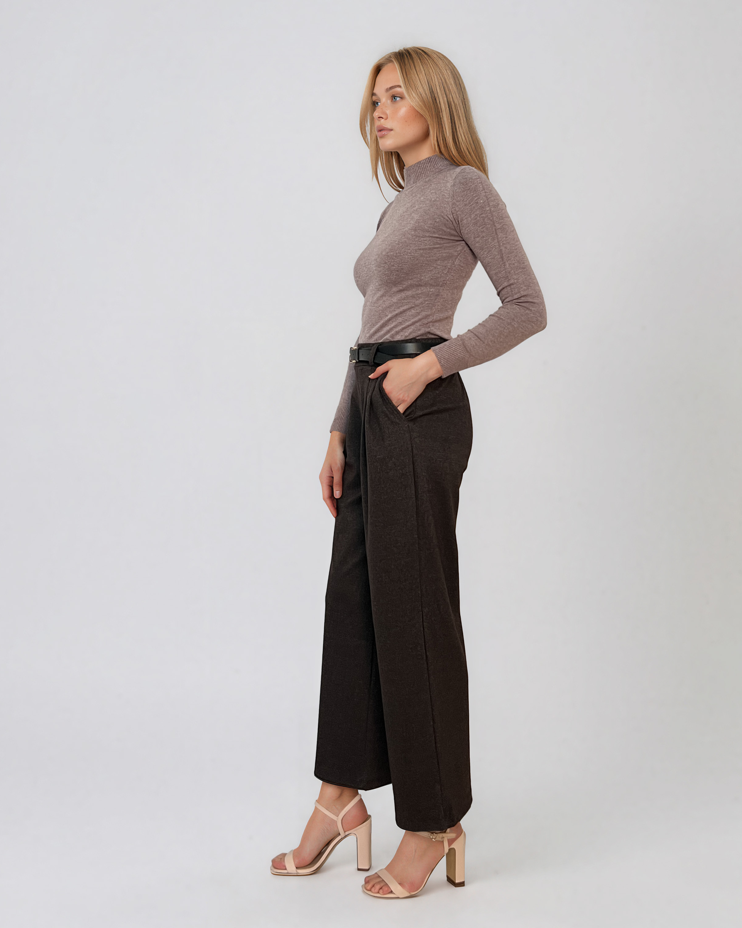 Pulover mulat cu guler semi-înalt din lână şi caşmir grej LR359
