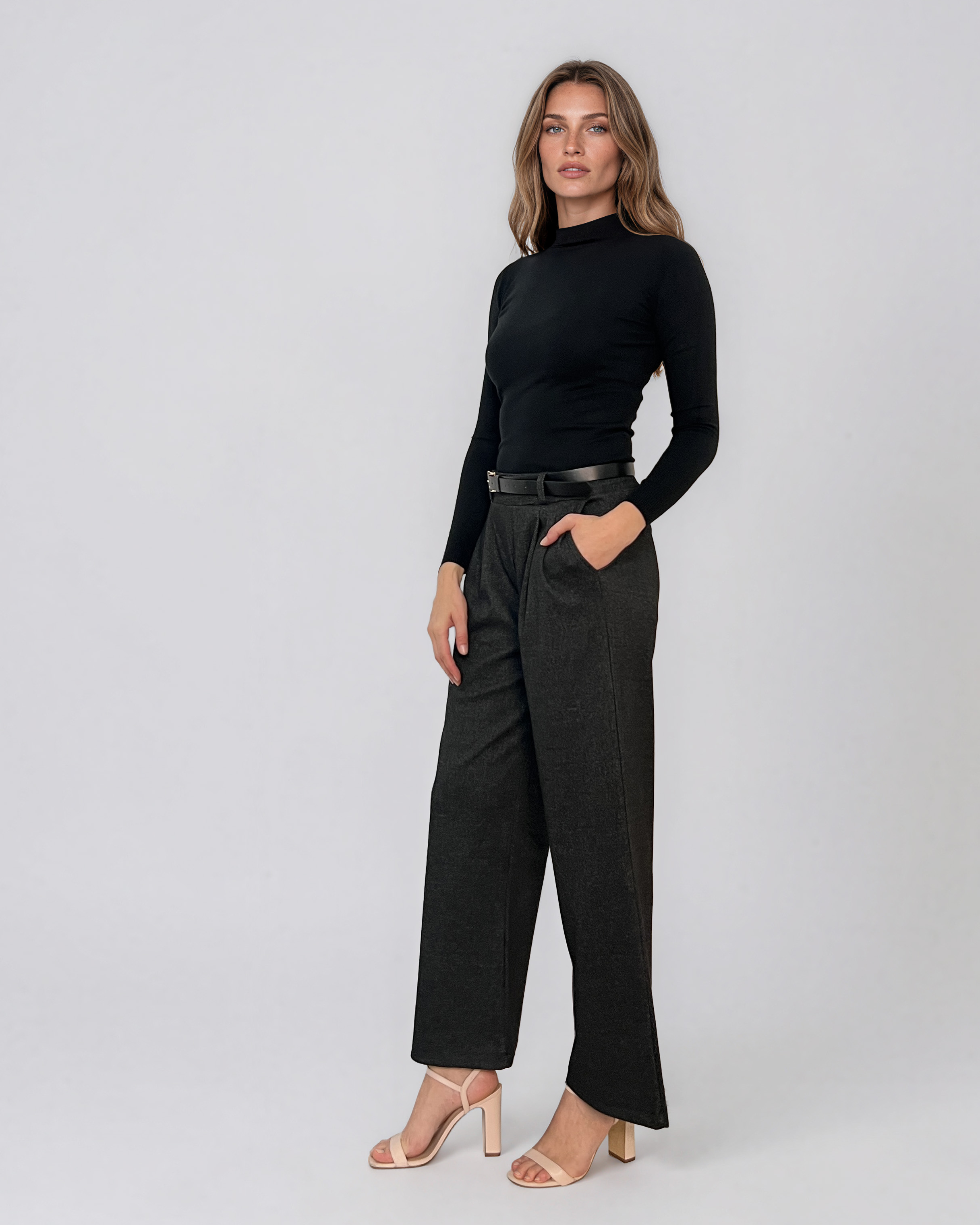 Pulover mulat cu guler semi-înalt din lână şi caşmir negru LR359