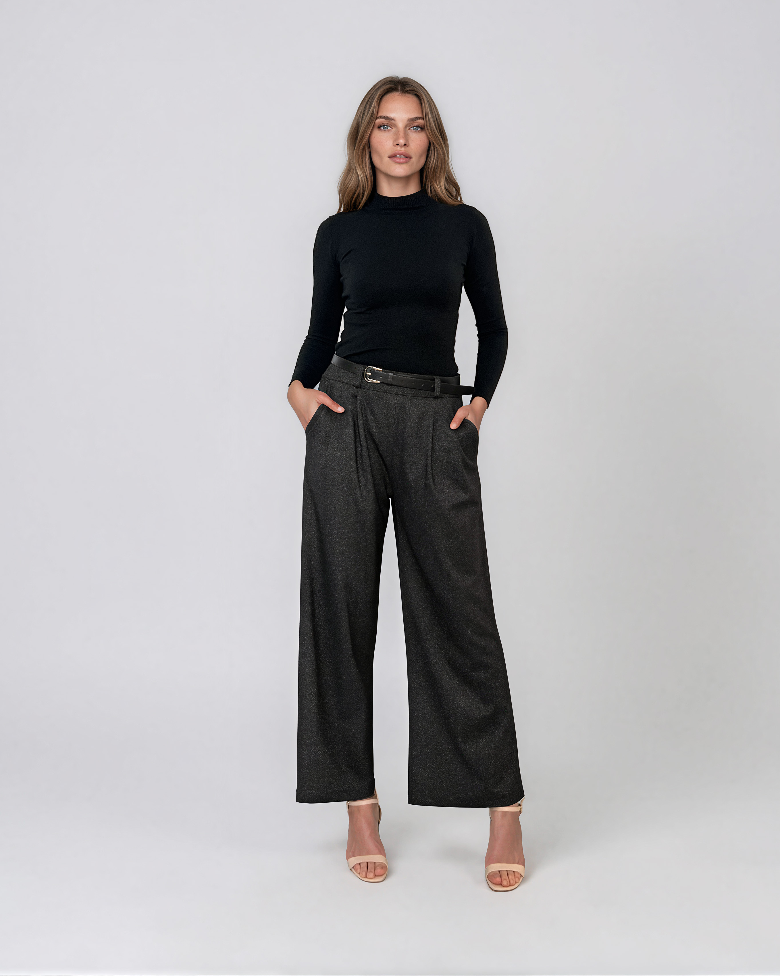 Pulover mulat cu guler semi-înalt din lână şi caşmir negru LR359