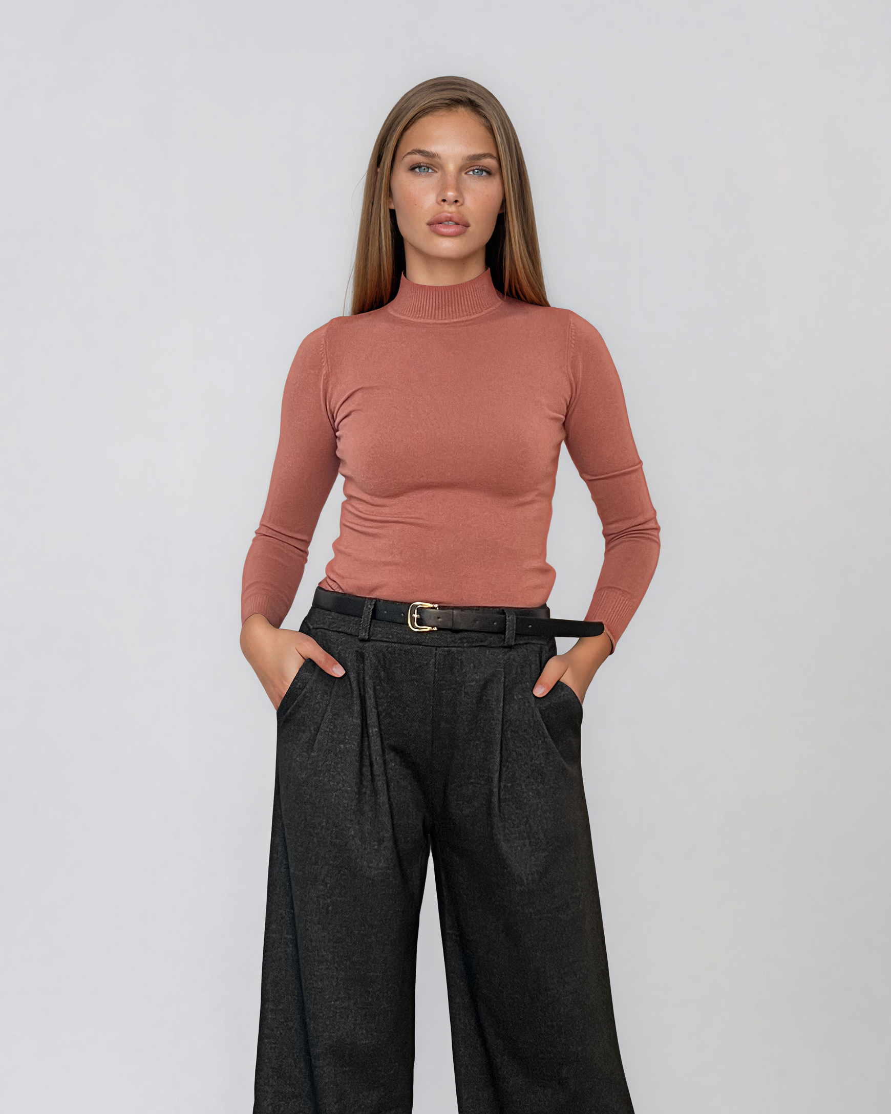 Pulover mulat cu guler semi-înalt din lână şi caşmir roz-prăfuit LR359