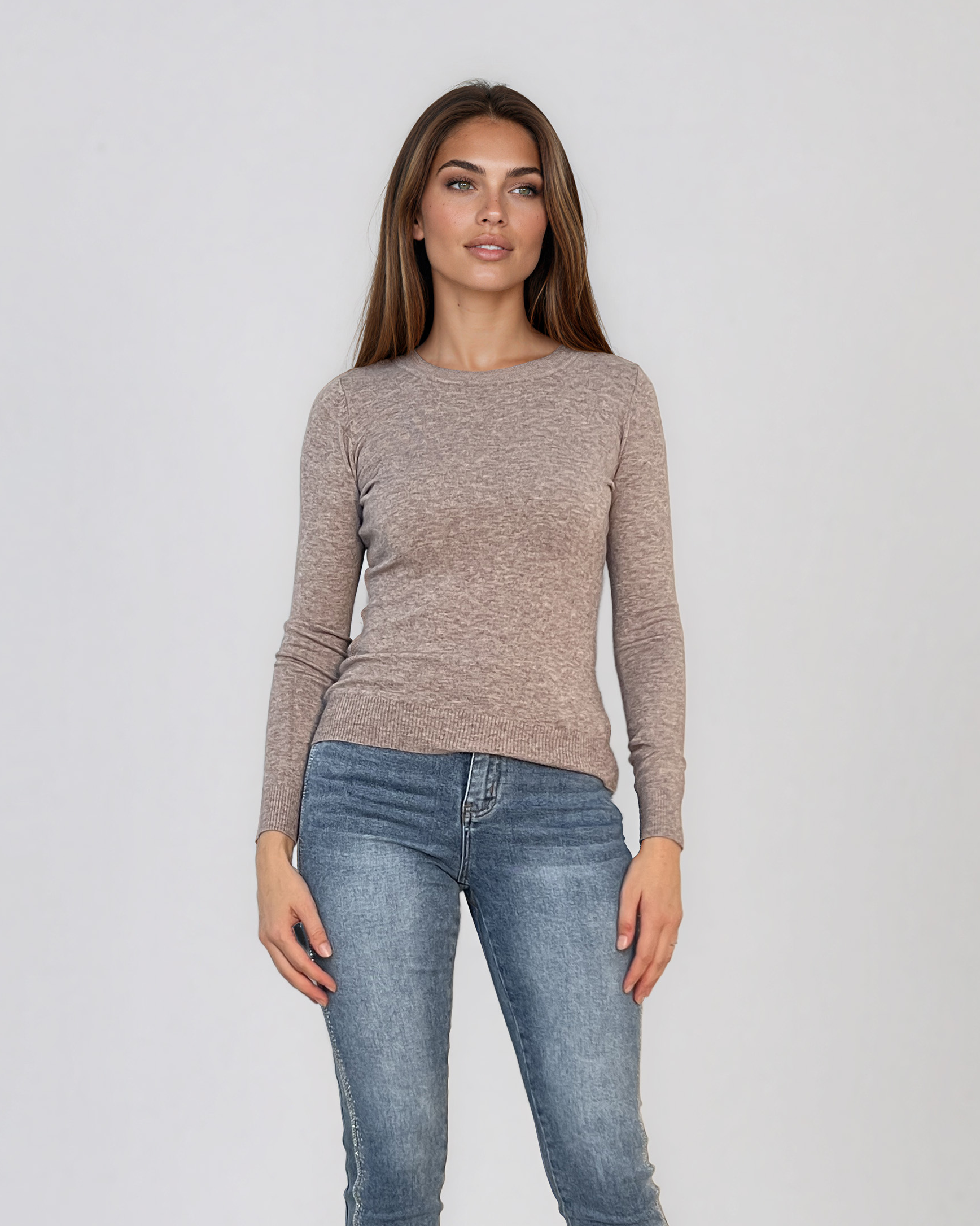 Pulover mulat din tricot cu lână şi caşmir beige LR358