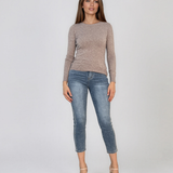 Pulover mulat din tricot cu lână şi caşmir beige LR358