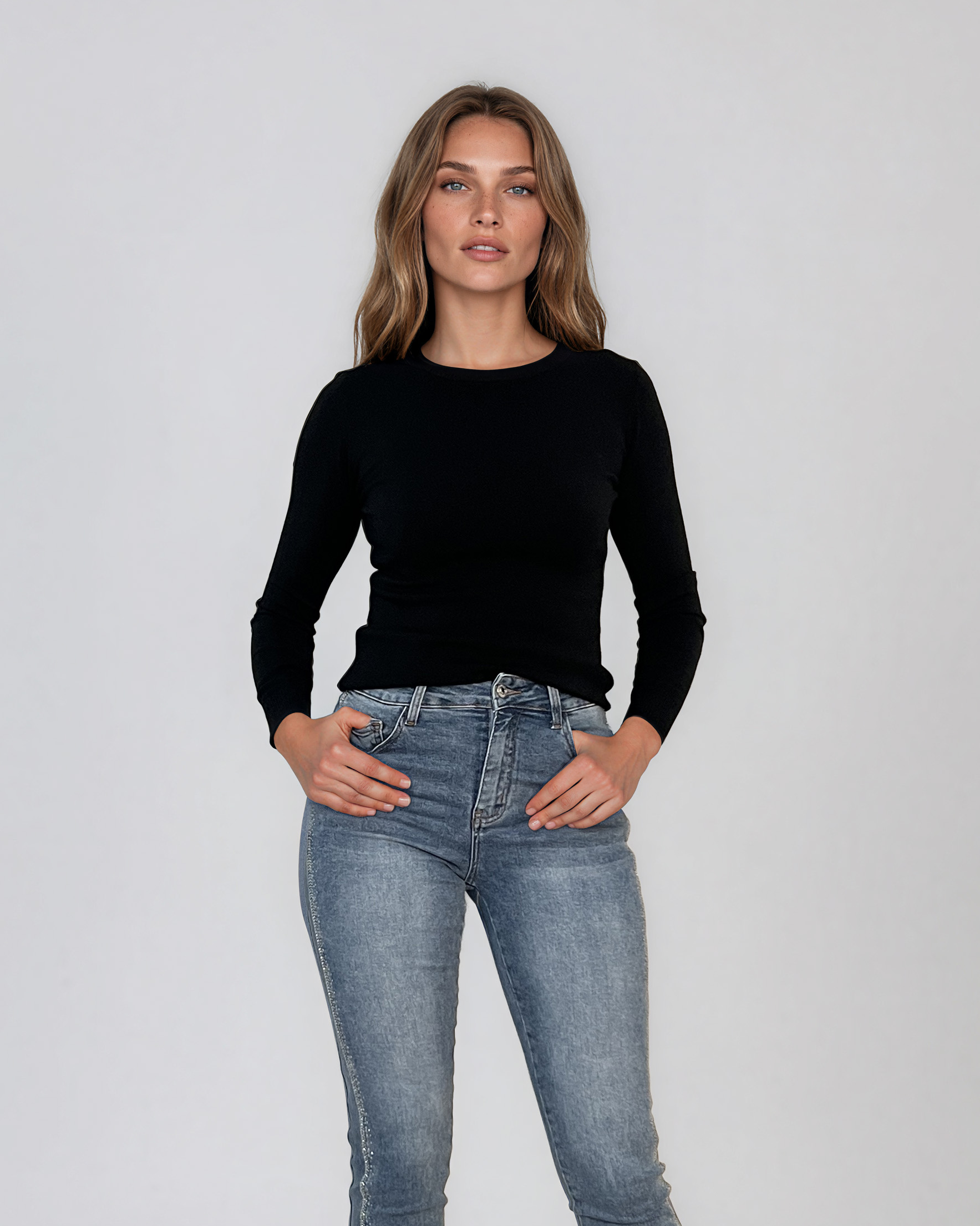 Pulover mulat din tricot cu lână şi caşmir negru LR358