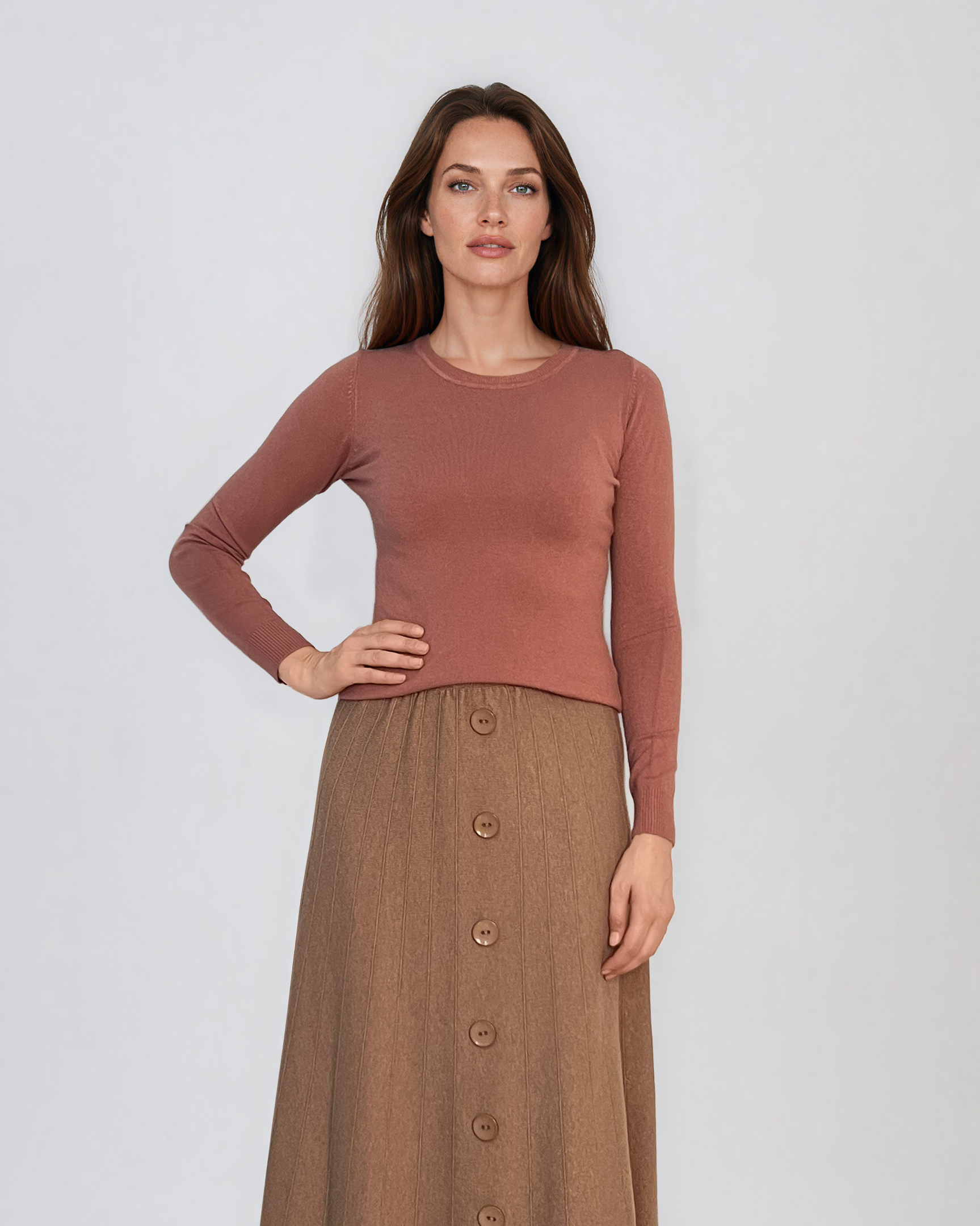 Pulover mulat din tricot cu lână şi caşmir roz prăfuit LR358