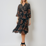 Rochie lungă cu imprimeu, decolteu adânc turcoaz