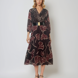 Rochie lungă cu imprimeu, decolteu adânc grena