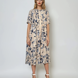 Rochie lungă din bumbac cu print floral și mânecă 3/4 crem