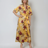 Rochie lunga parte peste parte print floral cu broșă galben