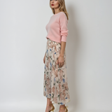 Fustă lungă plisată cu bandă elastică în talie beige-albastru