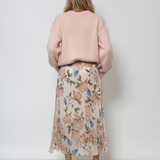 Fustă lungă plisată cu bandă elastică în talie beige-albastru