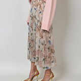 Fustă lungă plisată cu bandă elastică în talie beige-albastru