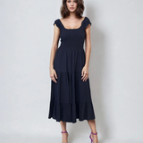 Rochie lungă mulată cu bretele crețe bleumarin