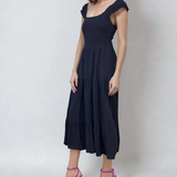 Rochie lungă mulată cu bretele crețe bleumarin