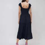 Rochie lungă mulată cu bretele crețe bleumarin