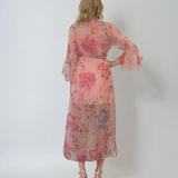 Rochie asimetrică din voal cu print floral și cordon roz