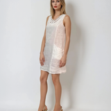 Rochie din in fără mânecă cu guler paiete alb