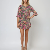 Rochie mini vaporoasă din voal cu print floral kaki