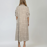 Rochie lungă din bumbac cu print geometric și mânecă 3/4 crem