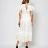 Rochie lungă cu broderie spartă, decolteu în V cu șnur și elastic în talie alb