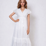 Rochie lungă cu broderie spartă, decolteu în V cu șnur și elastic în talie alb