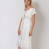 Rochie midi cu broderie și șnur decolteu cu elastic în talie alb