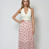 Fustă lungă plisată cu buline și bandă elastică alb-roz