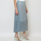 Fustă lungă plisată cu buline și bandă elastică bleu