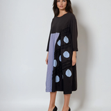 Rochie albastru-jeans cu mâneci 3/4 din bumbac cu inserții, casual și lejeră albastru-jeans 