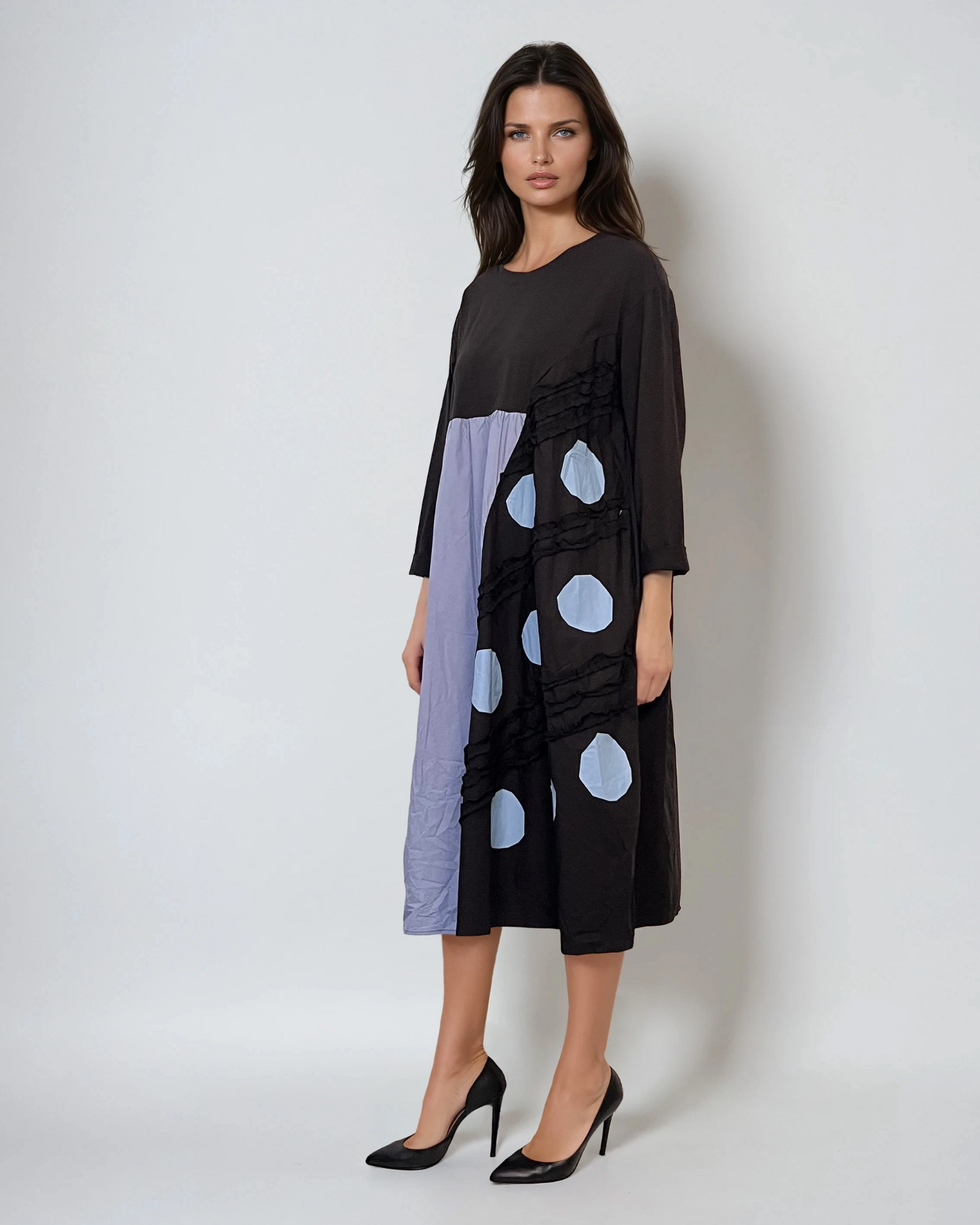 Rochie albastru-jeans cu mâneci 3/4 din bumbac cu inserții, casual și lejeră albastru-jeans 