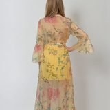 Rochie asimetrică din voal cu print floral și cordon galben 